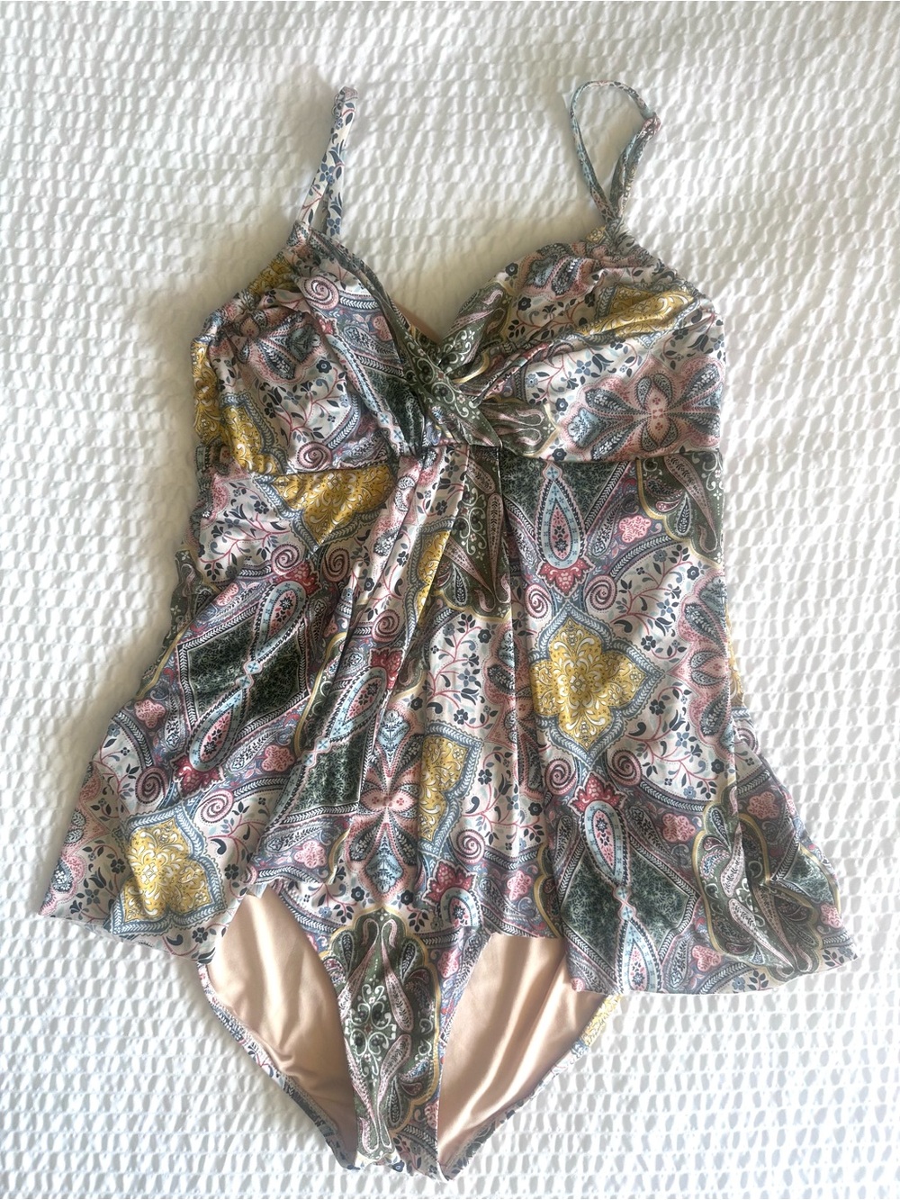 Garnet Hill Paisley One Piece Swimsuit Swimdress Green Blue Yellow 12 like new!